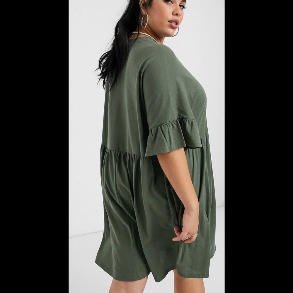 ASOS Design Curve Super Oversized Frill Sleeve T-Shirt Dress - khaki